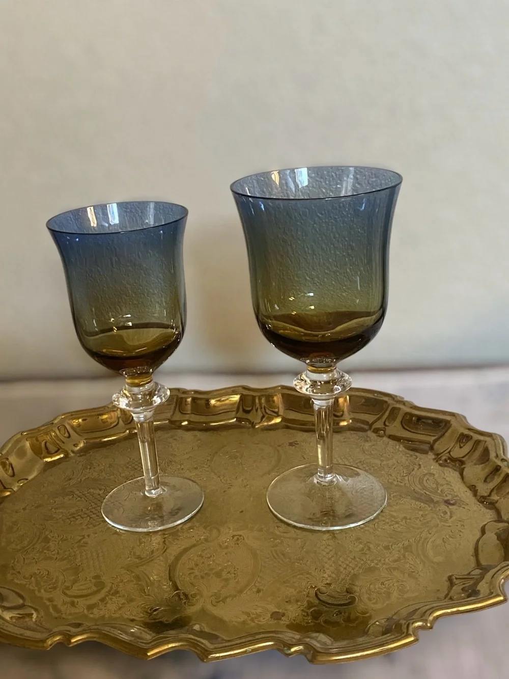 Rare Pair Vtg Ombre Blue & Amber Stemmed water Wine Glasses Handblown Sweden